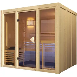 Karibu Sauna Avari 4 Superior mit Fronteinstieg 68 mm Ohne Dachkranz 9 kW Bio-Kombiofen inkl. Steuergerät (finnisch & Dampfbad)