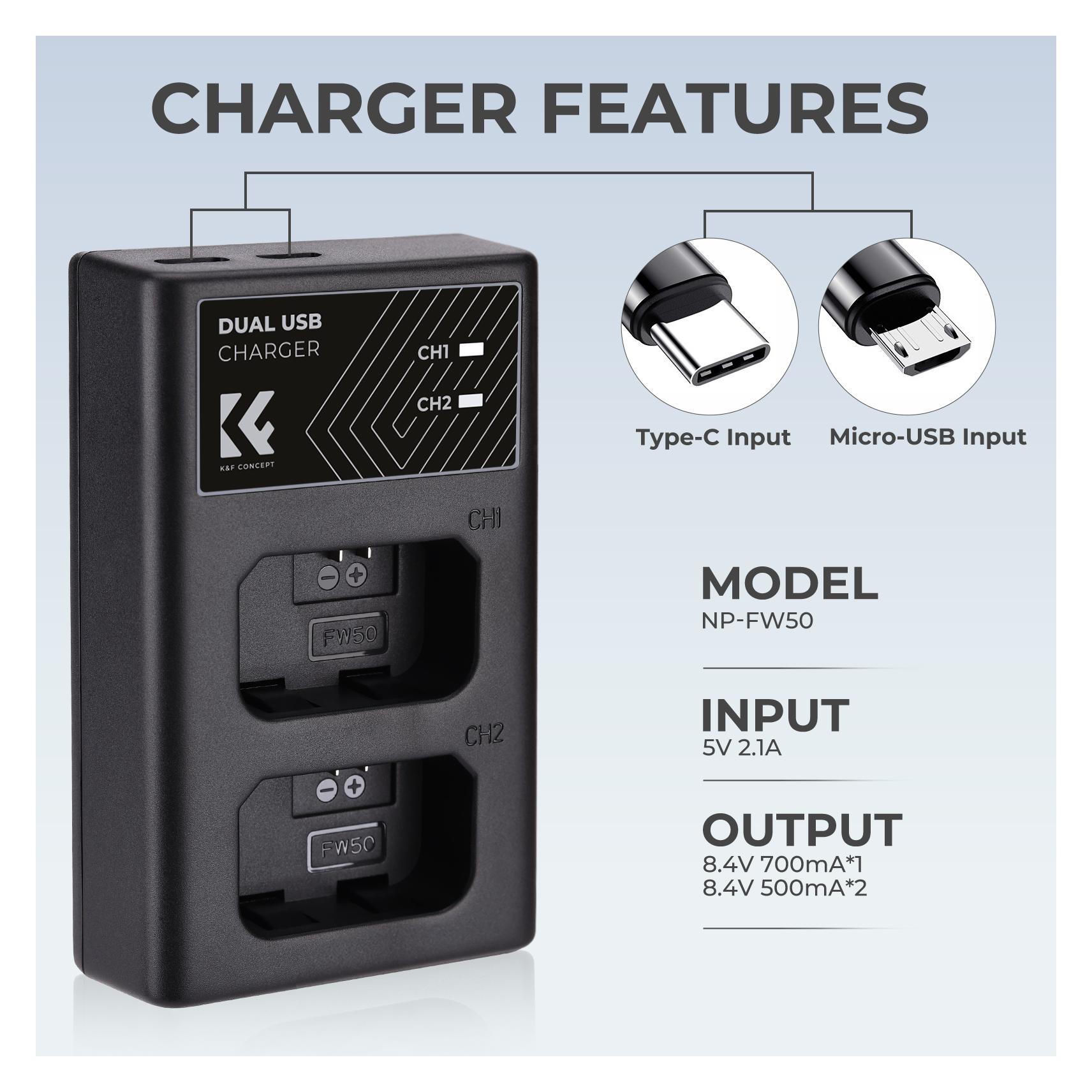 K&F Concept FW50 Digital Camera LED Dual Channel Charger with Type C Charging Cable (Kamera Akku Ladegerät) (KF28.0009)