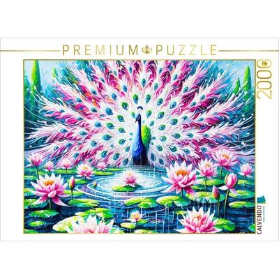 CALVENDO Puzzle Abstrakter Pfau am Teich mit Seerosen in farbenfroher Ölmalerei | 2000 Teile Lege-Größe 90x67cm Foto-Puzzle für glückliche Stunden
