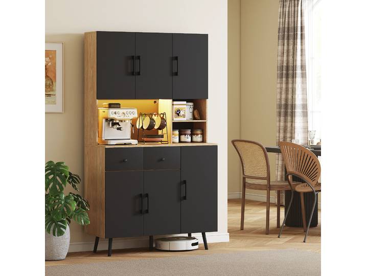 HOMCOM Buffet Cuisine LED 6 Portes 2 Tiroirs Noir 100x40x176cm