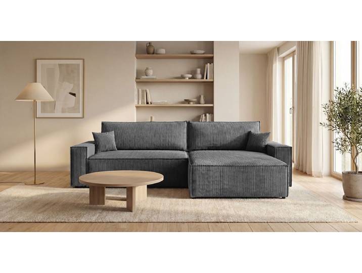 Designer Ecksofa Vienna mit Schlaf- und Klappfunktion in Cord - Cord - Grau - Rechts - Luxusbetten24