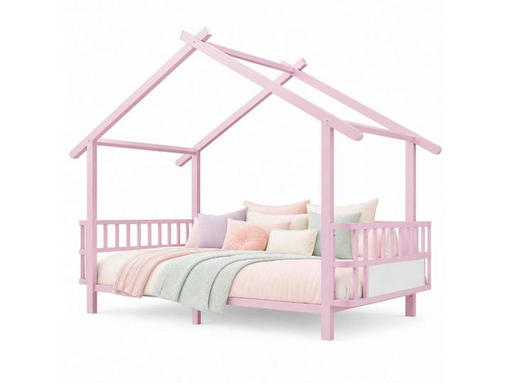 Evryae Kinderbett 90/200 mit Sicherheitsgitter, Dachkonstruktion und Metallrahmen in Rosa, 90x200 cm, Babymöbel & Kindermöbel, Kinderzimmer & Jugendzimmer, Kinderbetten