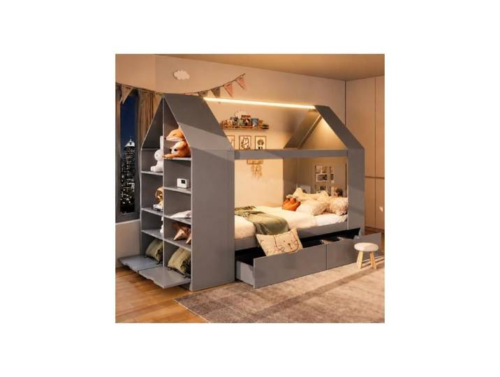 Lit Cabane - WESTYLE - Lit Cabane Enfant 90x200 - Bois massif - 2 tiroirs & étagères - Éclairage LED