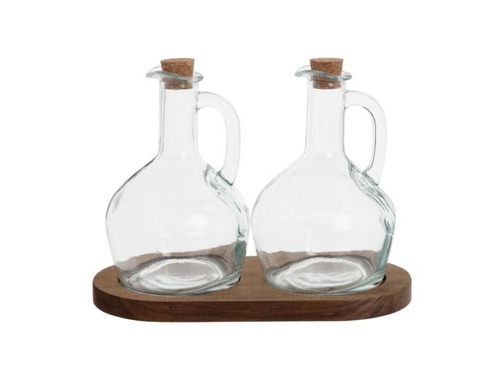 Öl- und Essigspender aus Glas mit Holztablett