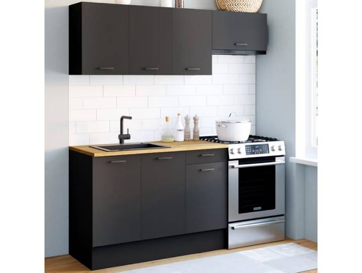 IDMARKET Cuisine complète 180 cm SUBTIL avec plan de travail 5 éléments noir et plateaux bois