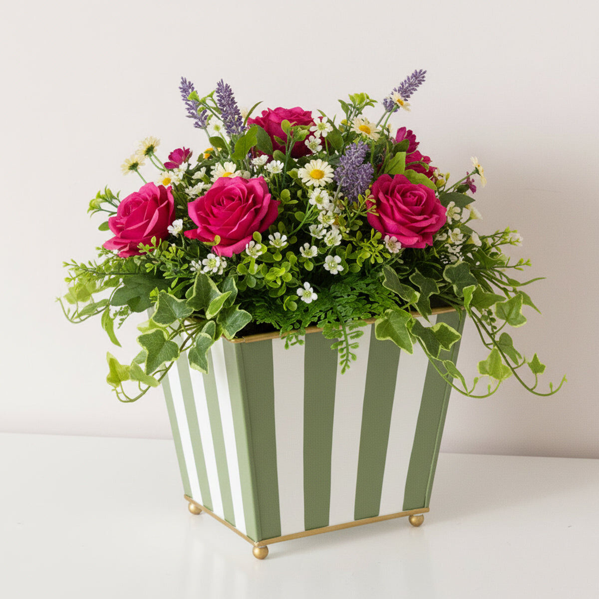 Green & White Striped Metal Planter Pot with Gold Feet - 17cm x 16.5cm Metal
