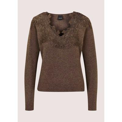 Longpullover MADELEINE "Pullover Feinstrickpullover mit Spitzenbesatz", Damen, Gr. 44/46, trüffelbraun, melange, Modern, slim fit, Pullover Longpullover