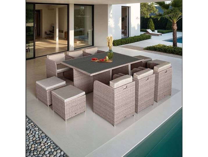 Table et fauteuils de jardin encastrables en résine tressée 10 places KUBO