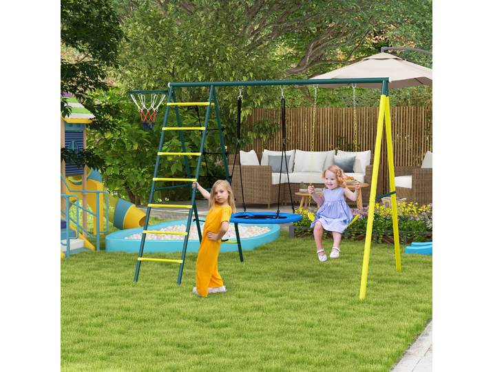 Outsunny Structure de balançoire pour enfants avec 2 balançoires, panier de basket, échelle d'escalade, 267x180x202 cm, Jaune