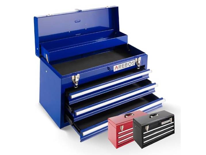Arebos Boîte à outils avec 3 tiroirs et 2 compartiments de rangement Poignée de transport et fermetures à pression Coffret à Outils Tapis antidérapants Bleu