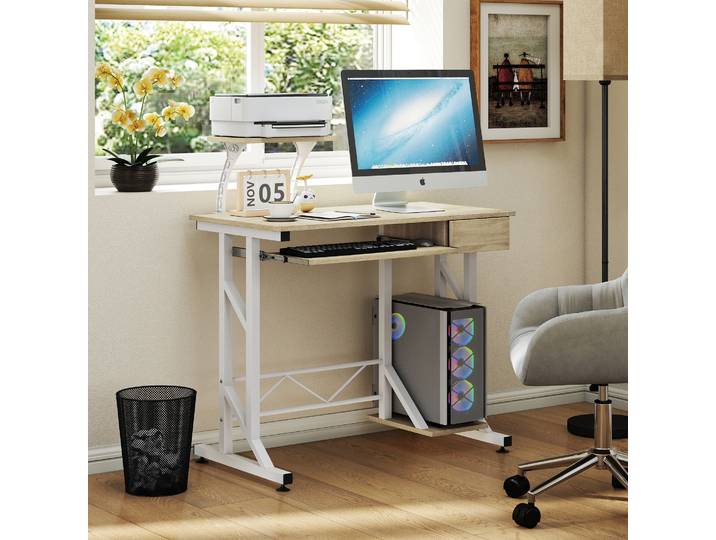 HOMCOM Bureau Chêne 90x50x100cm avec Tiroir et Plateau Clavier