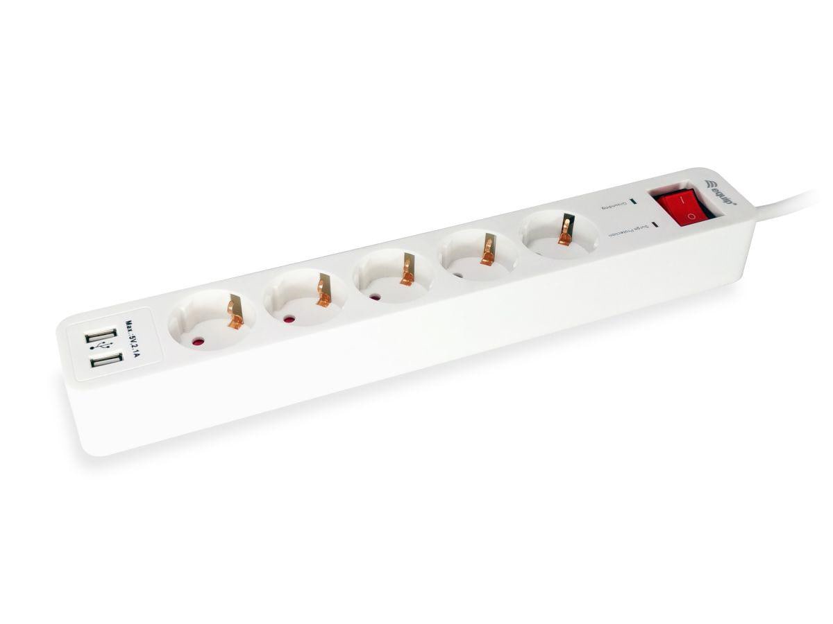EQUIP 245554 5fach Verteiler mit Schalter und 2fach USB-Lader, Mehrfachsteckdose Schuko