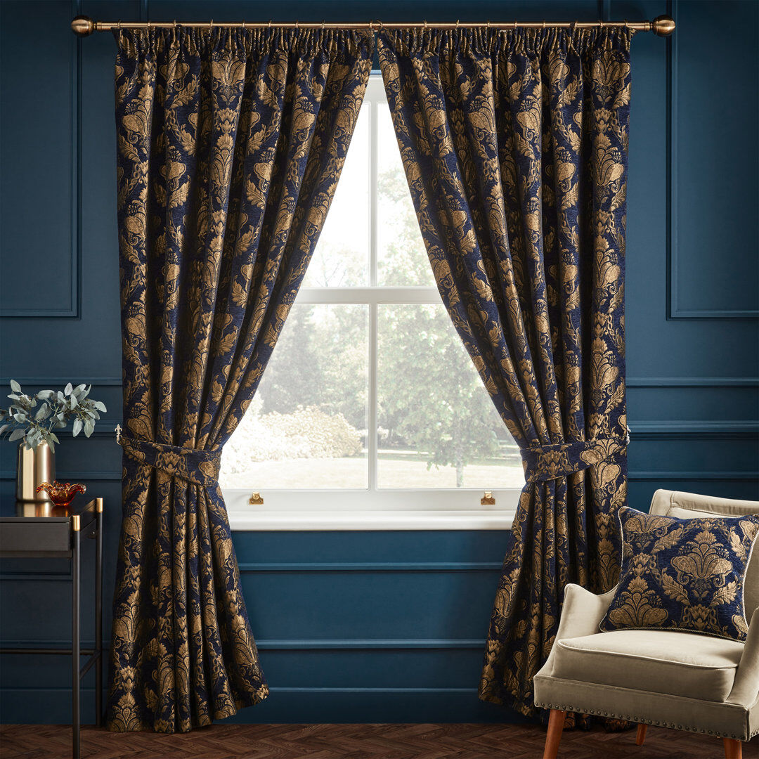 Paoletti Shiraz Floral Damask Pencil Pleat Curtains Navy Width 168 x Drop 183cm
