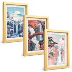 BILDER SET 3er Set - 20x30 cm Goldrahmen - Wasserfälle, Berge, Brücken, Bäume