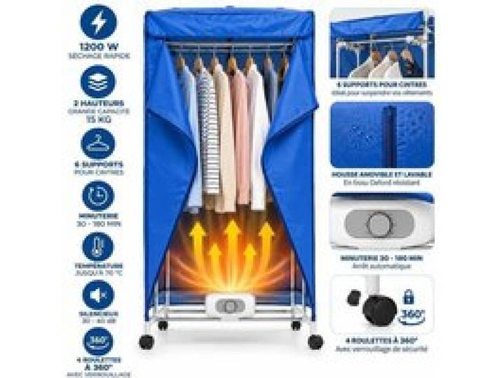 Penderie Chauffante - Séchoir Électrique 1200W - Sèche Linge Soufflant électrique - Minuterie - Anti-bactérien - 15kg