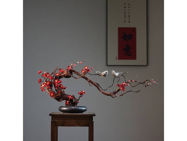 Simulation de fleur de prunier en cire de Style Zen, bonsaï de Style chinois, décoration de salon, maison, hôtel, Table à thé, support Antique, 1 pièce