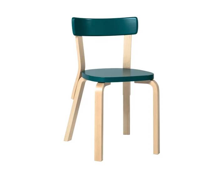 ARTEK chaise CHAIR 69 (Bouleau laqué naturel, assise pétrole - Bois courbé et contreplaqué)