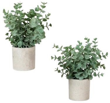 Nearly Natural 8-in Artificial Baby Blue Eucalyptus in Decorative Planter - Set of 2
