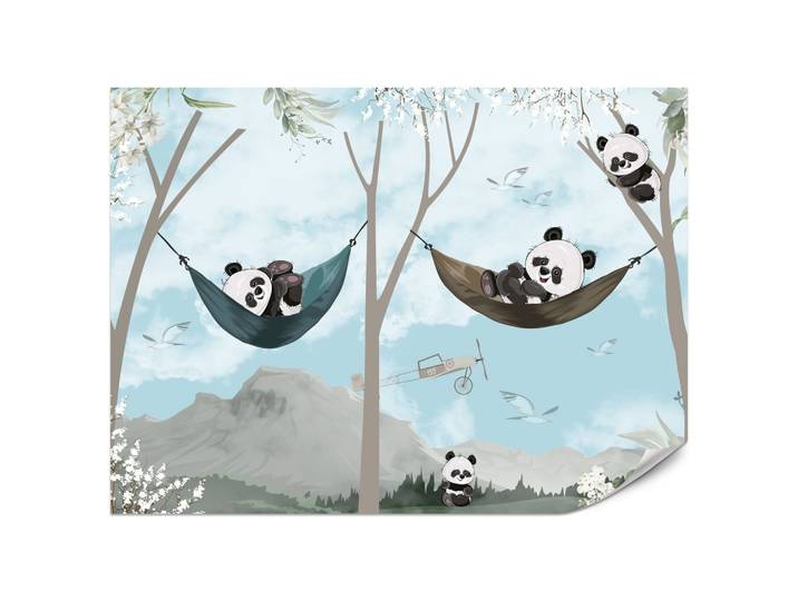 FOTOTAPETE für Kinderzimmer Pandas in Hängematten Märchenwald Blumen Berge 200x140