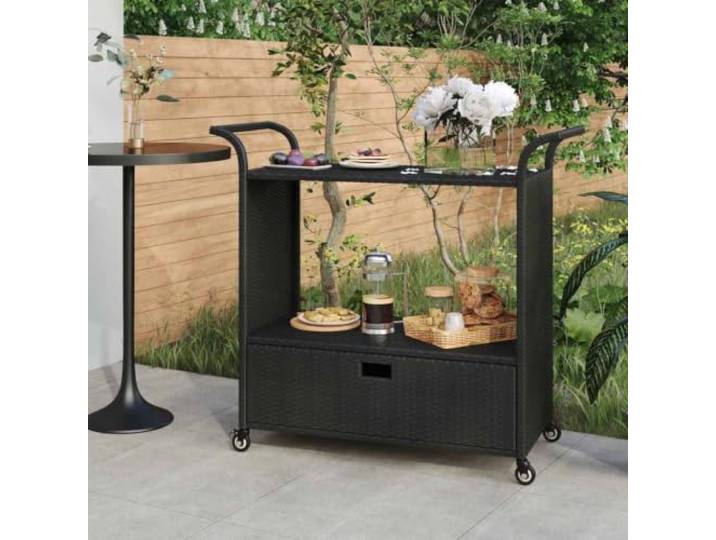 GBCDSWBR Barwagen mit Schublade, Servierwagen aus Poly-Rattan, 100x45x97 Witterungsbeständig, Leichtgängige Rollen, Mit Feststellbremse