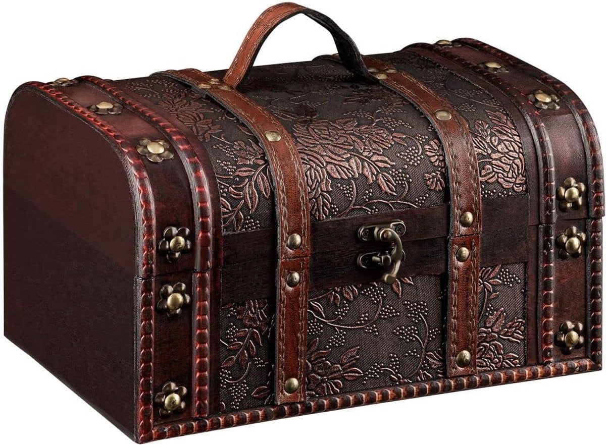 Houten Schatkist met Kunstleer en Metalen Details - Decoratieve Opbergkist