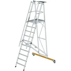 PROREGAL Plattformleiter klappbar und fahrbar | 10 Stufen | inkl. beidseitigem Handlauf | Aluminium | nivello Leiterschuhe