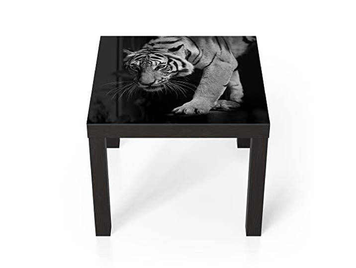 DEQORI Glastisch schwarz klein 55x55 cm Motiv Pirschender Tiger ausgefallener Beistelltisch aus Glas Hochglanz Couchtisch fürs Wohnzimmer moderner Couch Tisch mit Design