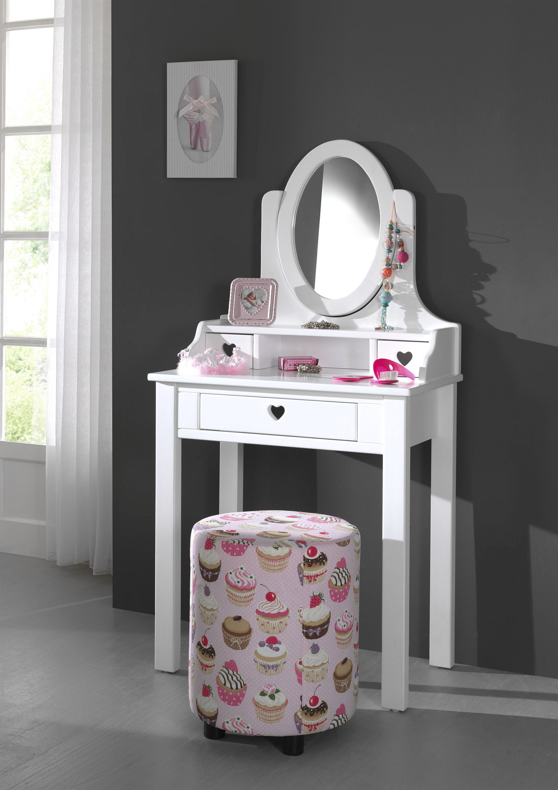 Schminktisch VIPACK "Amori", weiss (weiß), B:70cm H:136cm T:40cm, Tische, Schminktisch, in nostalgischer Optik, inkl. verstellbarem Spiegel weiß B/H/T: 70cm x 136cm x 40cm