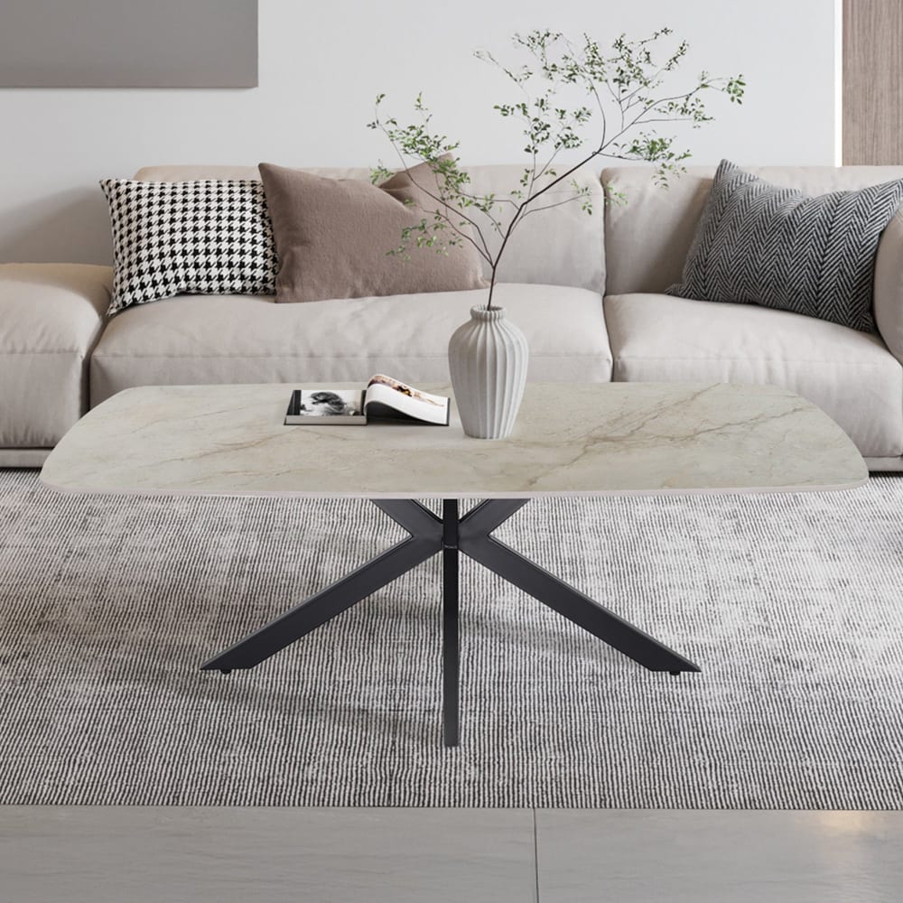 MOBILIER DECO  Table basse ovale en pierre frittée beige 130 cm Beige 130x45x70cm