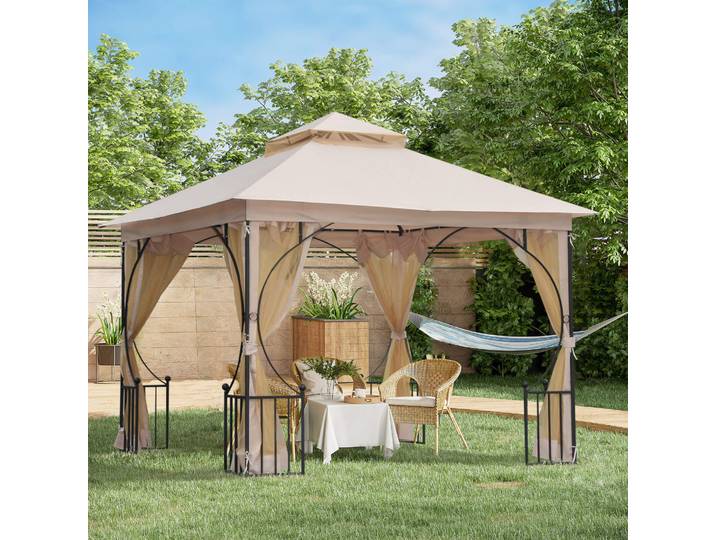 Outsunny Tonnelle Jardin 3x3 Double Toit Moustiquaires Beige