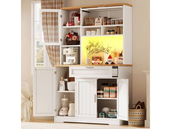 Meuble de cuisine - Armoire haute avec vitrine - Éclairage LED ajustable - 104x40x180 cm - Blanc/Noir