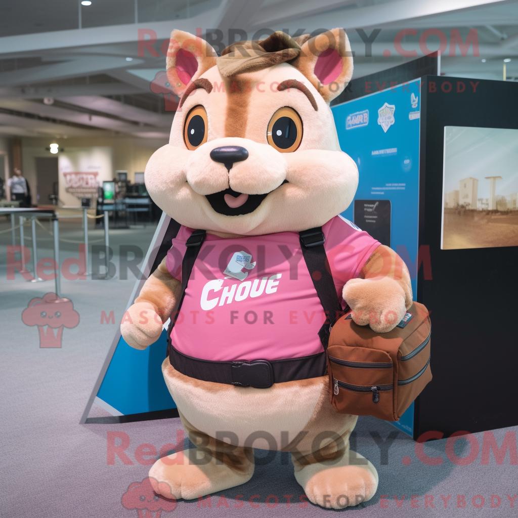 Maskottchen-Charakter REDBROKOLY eines rosa Streifenhörnchens mit Tanktop und Aktentasche