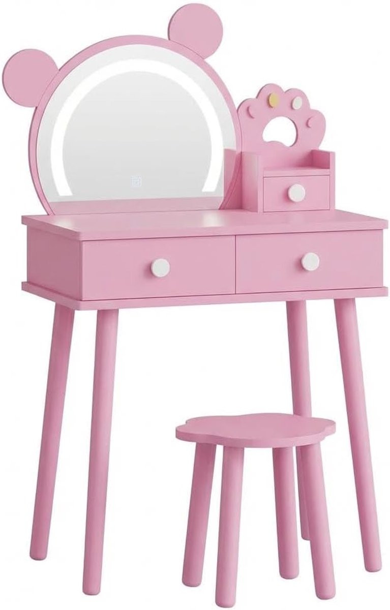 Kinderkaptafel van hout met teddybeer led-spiegel, opberglades en krukje met bloemenprint, Roze