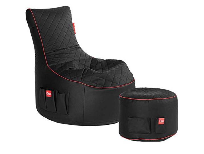 Gamewarez Crimson Hurricane 2.0 Bundle – Set aus Gaming-Hocker und Gaming-Sitzsack, mit Seitentasche & Headset-Halter, Kunstleder, schwarz-rot
