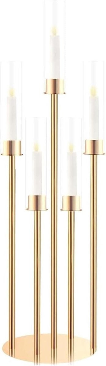 Gouden 5-armige metalen kandelaar met acryl lampenkappen voor sfeervolle decoratie
