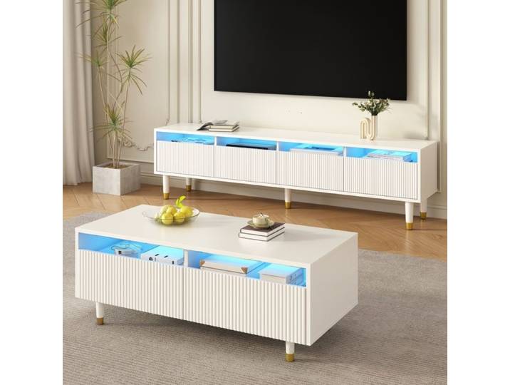 Ensemble de meubles LED - Meuble TV à quatre portes - Table basse avec deux tiroirs - Blanc avec design doré
