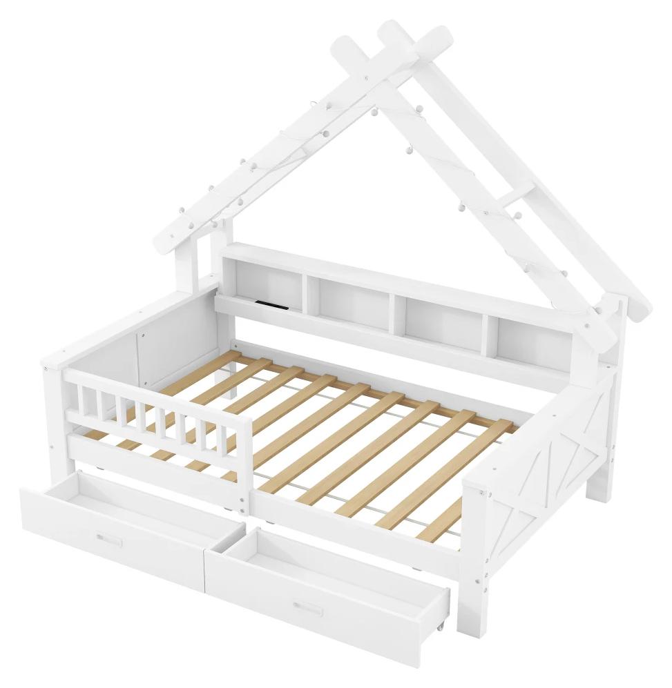 Hausbett aus Holz - Plattformbett - 90 x 200 cm - Stauraum - Schubladen - LED-Beleuchtung - Schutzgitter