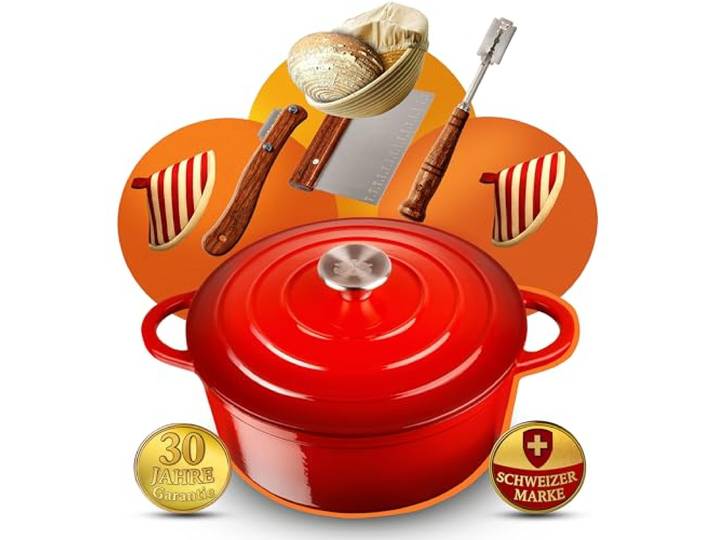 GUSSKÖNIGIN Brottopf 28 cm – Gusseisen Topf Brot Backen als Dutch Oven – Emaille Brotbacktopf & Brotbackform – Bratentopf/Schmortopf mit Deckel für Induktion – Gadgets für Bäcker - 30 Jahre Garantie