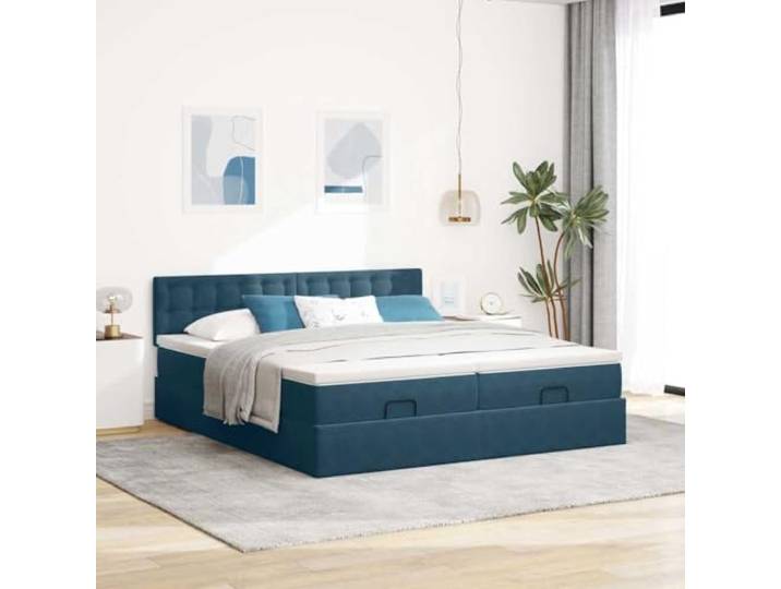 KTHLBRH Pouf Bett mit Kopfteil Samt Dunkelblau 160 x 200 cm Behälter mit hydraulischem Heber, Taschenfederkernmatratzen, 2 Stück
