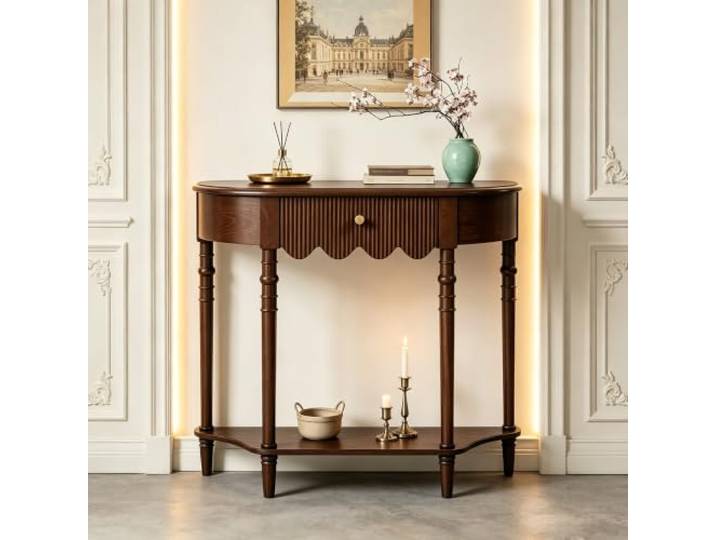Massivholz Konsolentisch Mit Schublade, Schmaler Flurtisch Halbrund Massivholz-Konstruktion, Platzsparendes Design, Vintage-Akzente, Einfache Montage(Brown,39.4inW/100cm)