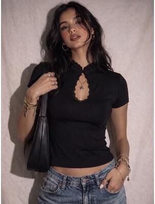 Daily Discovery Lace Patchwork Hollow Out Ruffle Top For Women Casual Party T Shirt black l