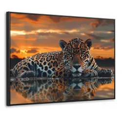 LEINWAND Bilder mit Rahmen - Natur - Leopard - Tier - Sonnenuntergang - Modern - 80x60