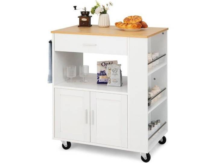 COSTWAY Desserte de Cuisine sur Roulettes (2 Verrouillables) 82x46x92cm îlot Chariot de Cuisine avec 3 Casiers à Épices Blanc