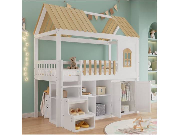 VUENOR Lit mezzanine 90x200 cm blanc naturel – rangement intégré sans matelas