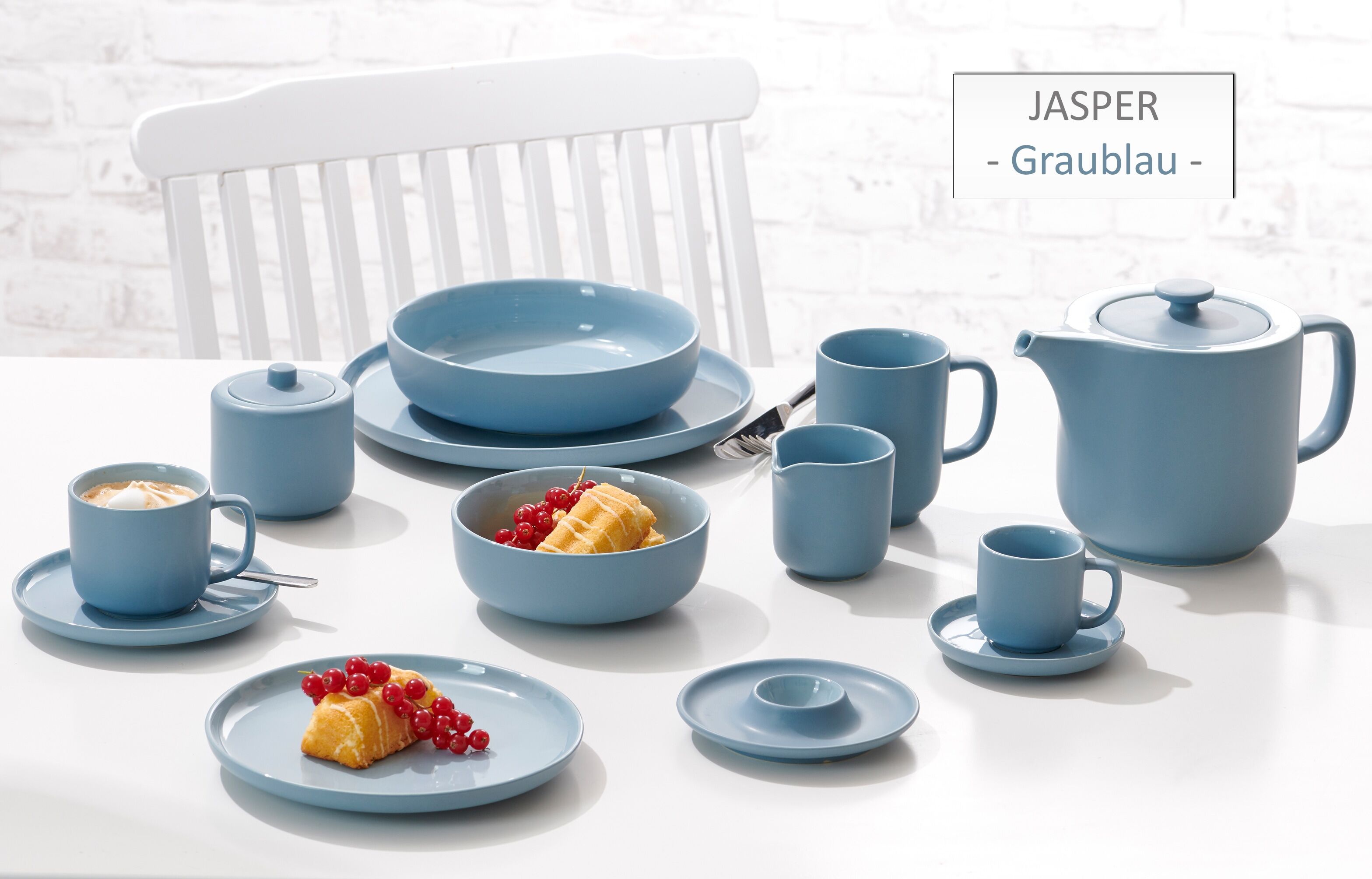 Kombiservice RITZENHOFF & BREKER "Geschirr-Set, Service Jasper", blau (graublau), 16 Stk., Steinzeug, Geschirr-Sets, Kombiservice, im Scandic Style, 16 Teile, für 4 Personen graublau 16 Stk.