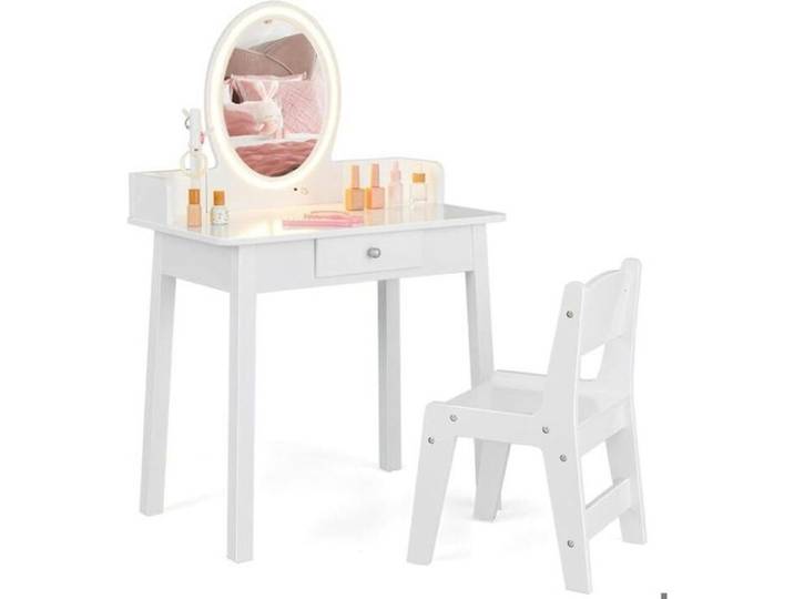 Coiffeuse Enfant - DREAMADE - Miroir en Acrylique - Éclairage LED Bicolore - Stockage à Plusieurs Niveaux - Charge 30KG - 3-8Ans