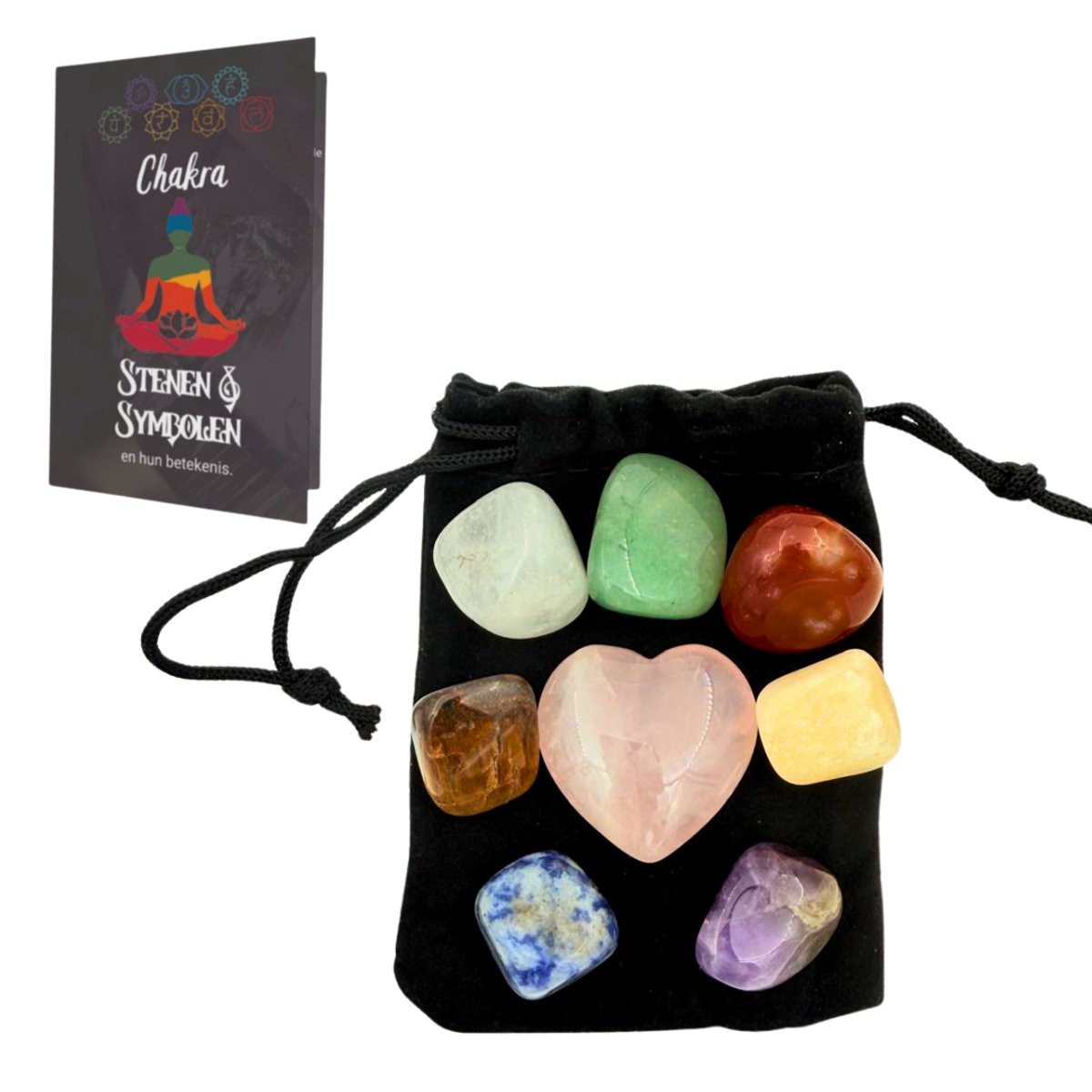 Gepolijste Chakra Stenen en Kristallen met Hart in een Fluwelen Zakje inclusief uitleg