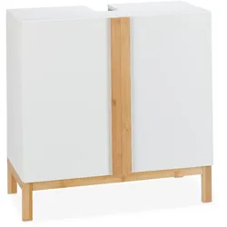 Relaxdays Waschbeckenunterschrank, 2 Fächer, Badschrank MDF & Bambus, Waschbeckenschrank HBT 60,5x60x30,5cm, Weiß/Natur