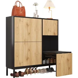 Schuhschrank mit Schuhwechselhocker und Doppelregalen 100x25x100 für bis zu 16 Paar Schuhe, mit ausziehbarer Bank und Wellenmuster in Schwarz-Natur