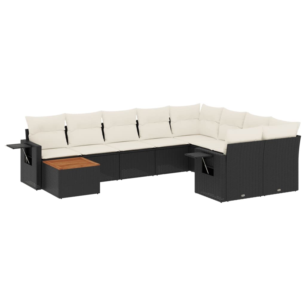 Garten-Sofagarnitur, modular, 10-teilig, Schwarz, PE-Rattan & Stahl, Akazienholz-Tisch, UV-beständig, mit Cremeweißen Kissen